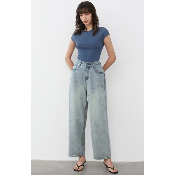 Chicwish Rhinestone Embellished Jeans Wide Leg Baggy Minimalist Relaxed Blue XS - Picture 1 of 14